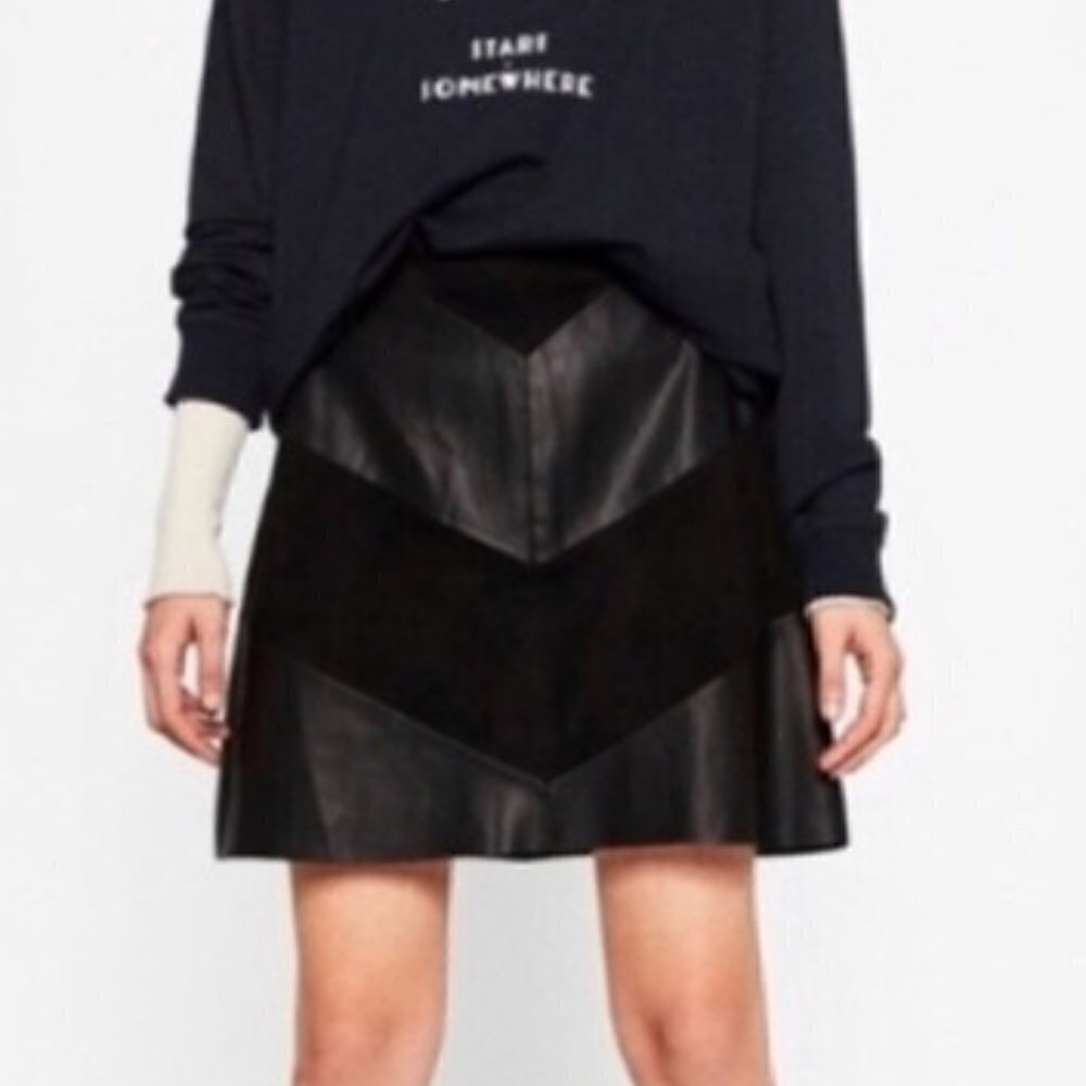 Zara Black Faux Leather Suede A-Line Mini Skirt XS